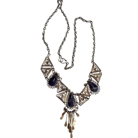 Vintage Silver Necklace Blue Lapis Lazuli Teardrops Intricate Triangle Design 18 - Picture 5 of 6